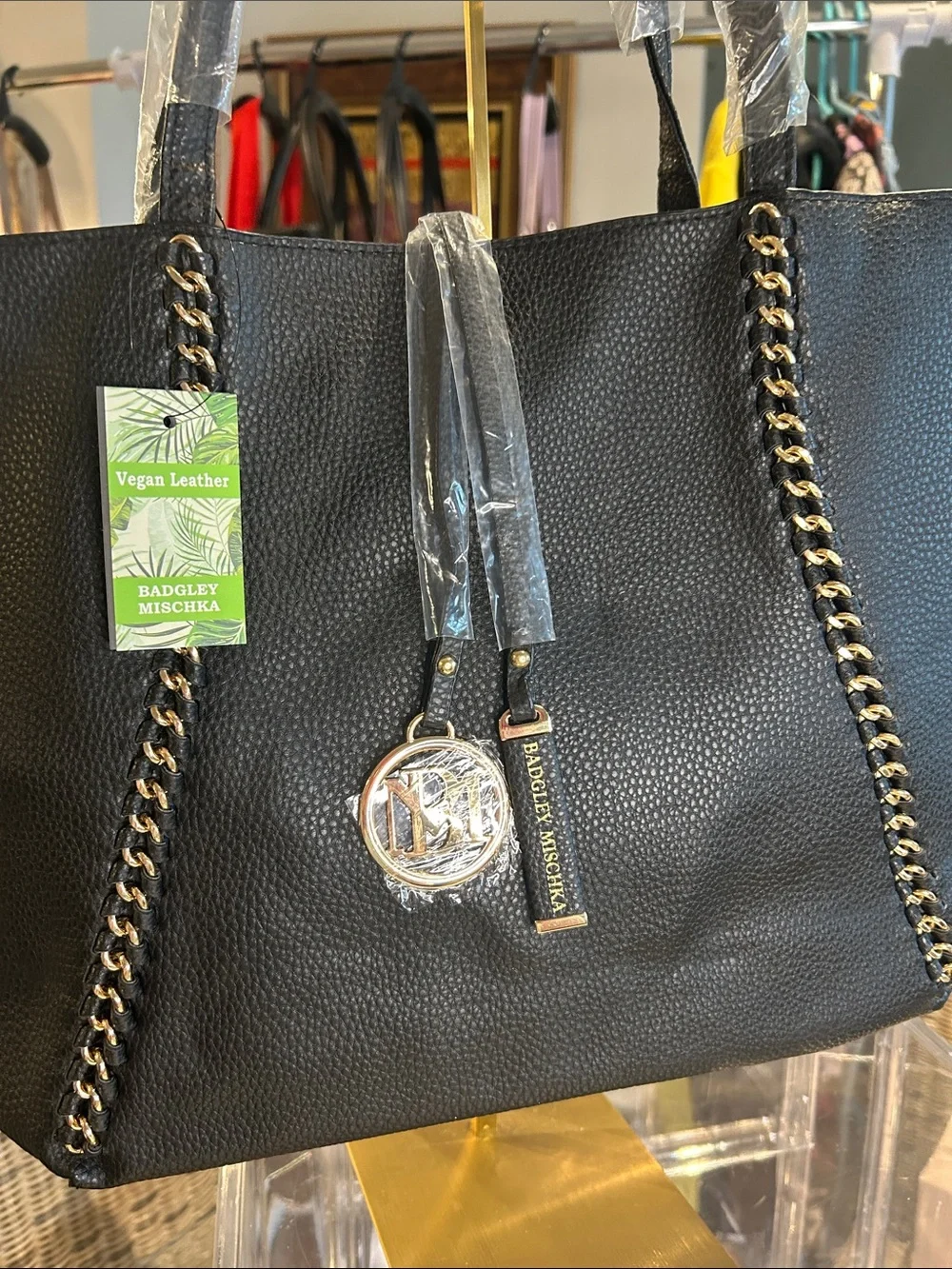 Badgley Mischka Vegan Leather Black Gold Chain Tote 18”x 4”x 10.75” NWT